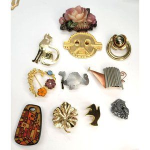 11 Vintage Pin Brooch Lot Metal Resin Cat Bird Met Modern Ct553